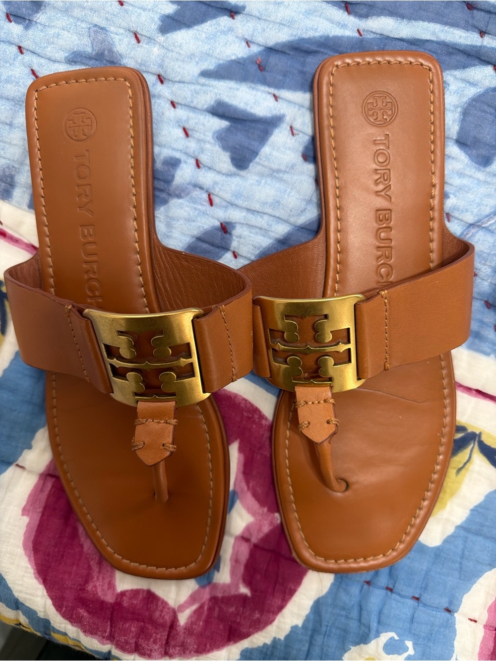 Tory Burch Cognac Leather Logo Thong Sandals with Gold Hardware